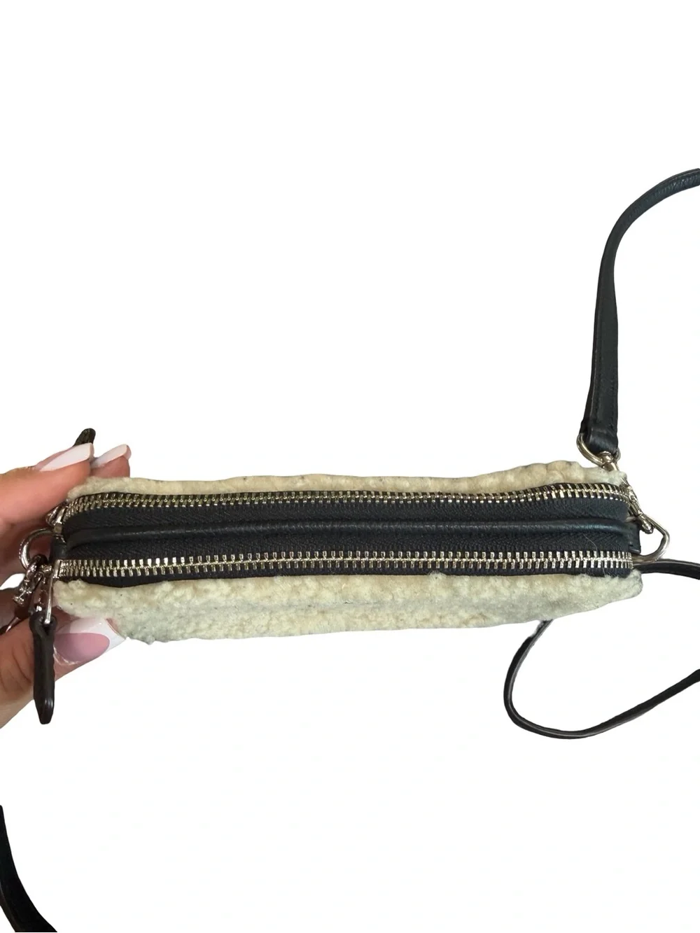 COACH Cream Shearling crossbody with Black Leather Strap